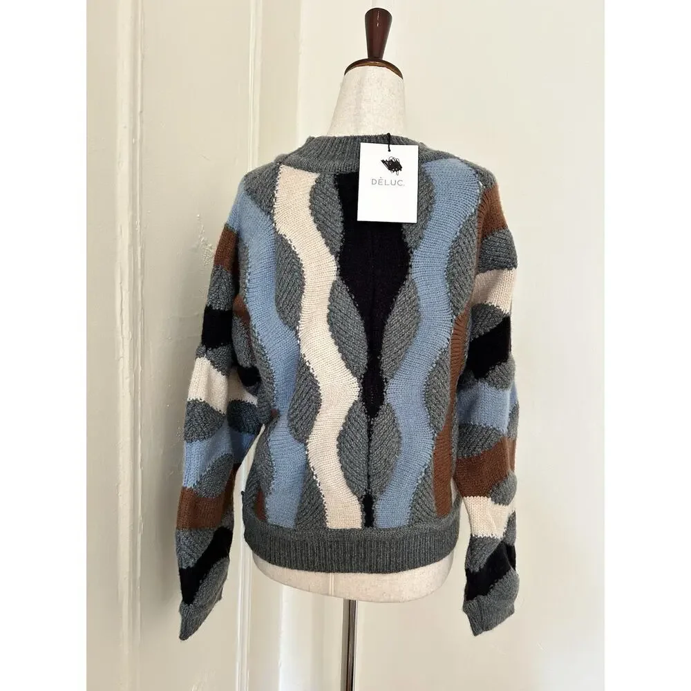 DELUC Women Wavy Abstract Colorblock Chunky Knit Crewneck Sweater‎ Grey Blue XS